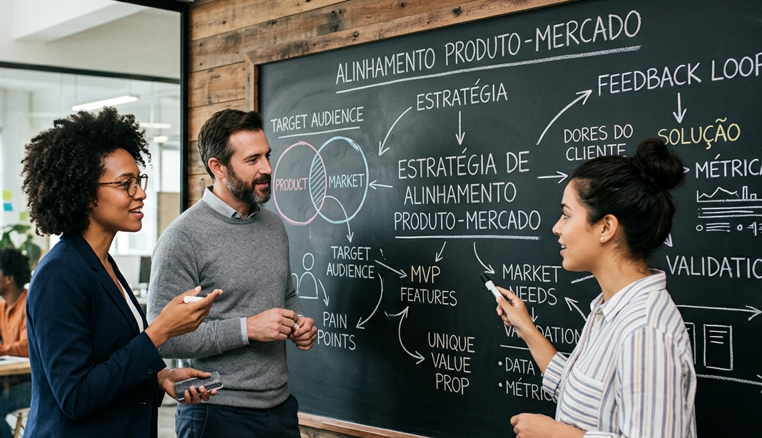 Três profissionais trocando ideias e escrevendo em um quadro negro, simbolizando o trabalho colaborativo e estratégico para alcançar o alinhamento entre produto e mercado.