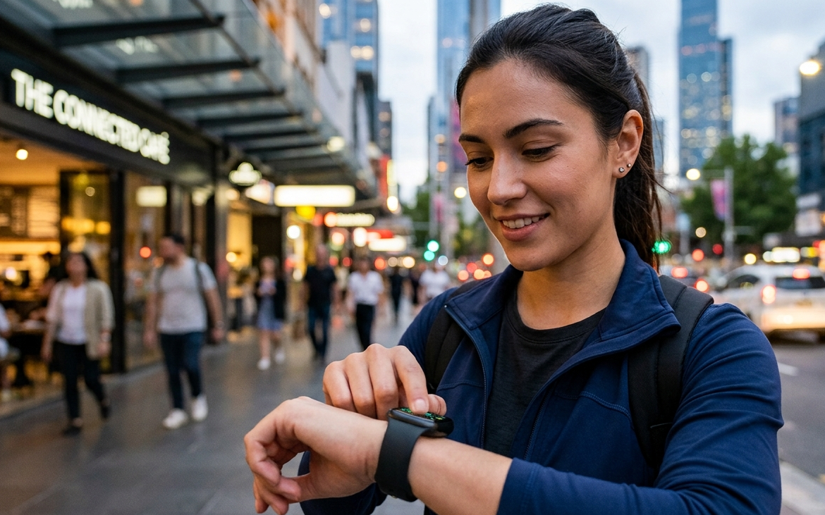 Pessoa interagindo com smartwatch preto, representando tecnologia vestível conectada à Internet das Coisas.