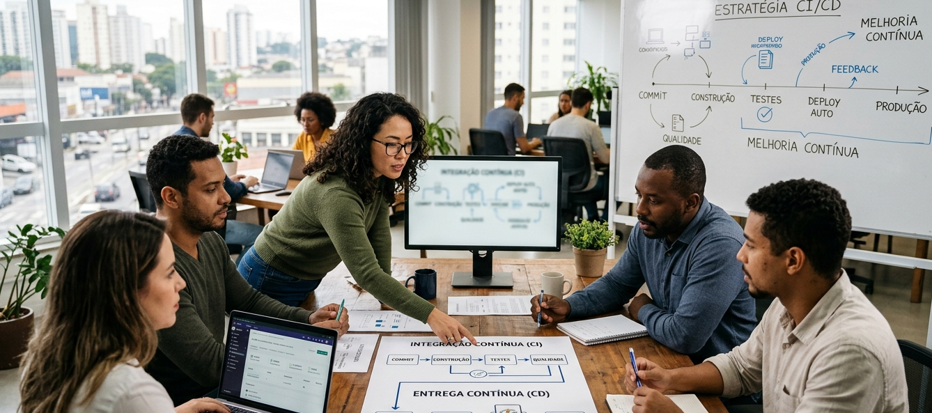 Equipe de profissionais analisando fluxos e documentos em reunião estratégica, simbolizando a integração contínua (CI) e a entrega contínua (CD) para acelerar e garantir qualidade no desenvolvimento de software.