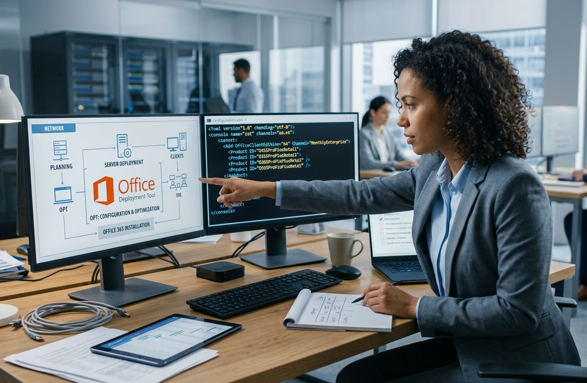 Profissional planejando instalação e configuração de softwares em ambiente corporativo, simbolizando o uso da Office Deployment Tool para instalação otimizada do Microsoft Office.