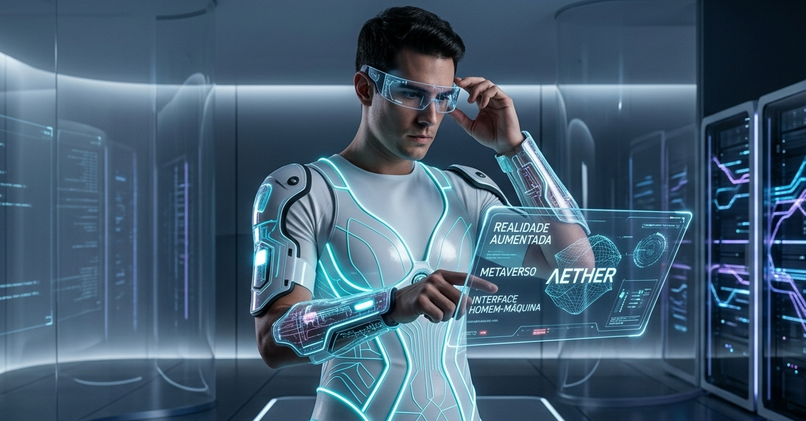 Homem com visor tecnológico futurista, vestindo roupa branca, simbolizando inovação e realidade aumentada.