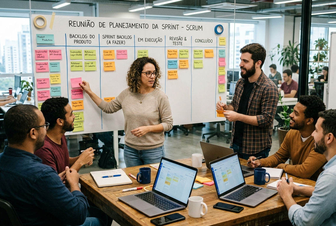 Equipe ágil em reunião de planejamento utilizando post-its em quadro de tarefas, representando a metodologia Scrum aplicada à gestão de projetos e desenvolvimento de produtos.