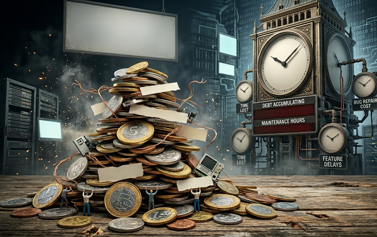 Pilha instável de moedas com relógio ao fundo, simbolizando a dívida técnica em projetos digitais e a relação entre custo, tempo e manutenção de software.