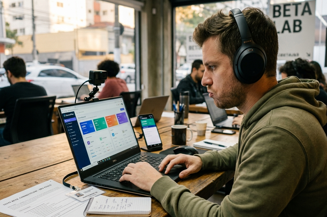 Homem concentrado usando notebook com fones de ouvido, simbolizando a participação em teste beta para validação de usabilidade e experiência real de um produto digital.