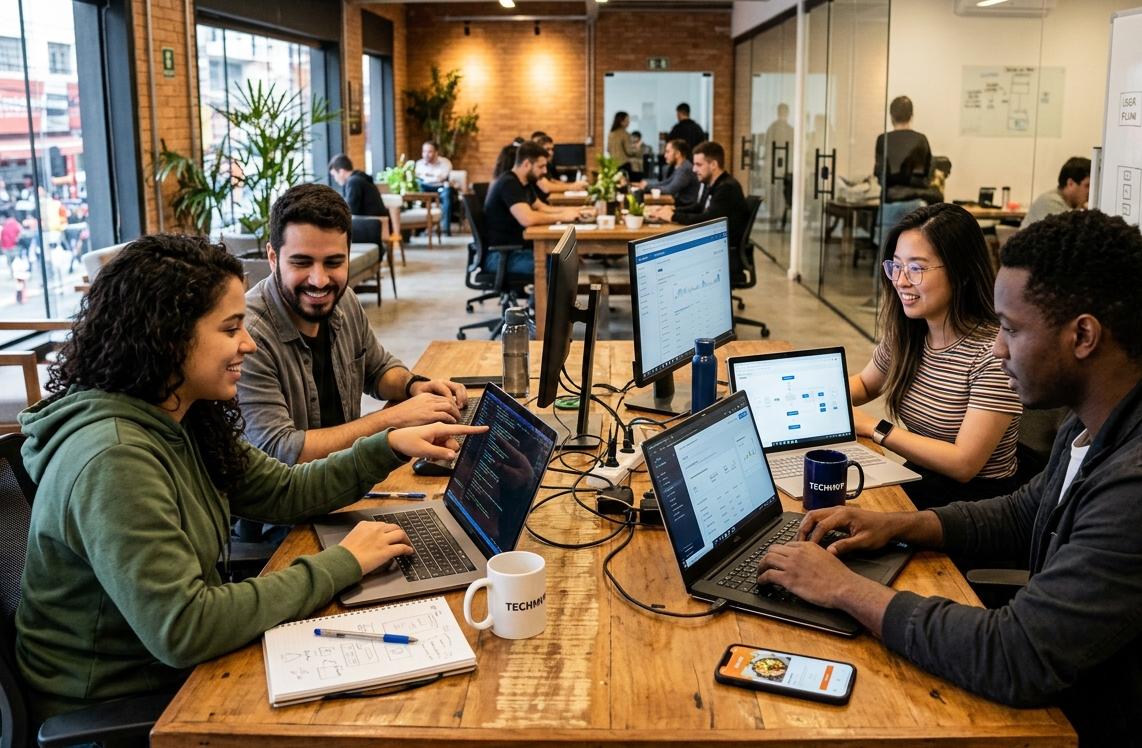 Equipe de tecnologia trabalhando em laptops em um coworking, representando o desenvolvimento de MVPs para validação rápida de produtos digitais no mercado.