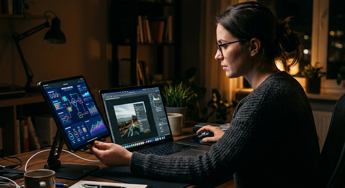 Pessoa trabalhando em ambiente escuro, usando um notebook com software de edição de imagens e, simultaneamente, um tablet para visualização de gráficos ou fluxos digitais, simbolizando a integração entre ferramentas na digitalização de processos.