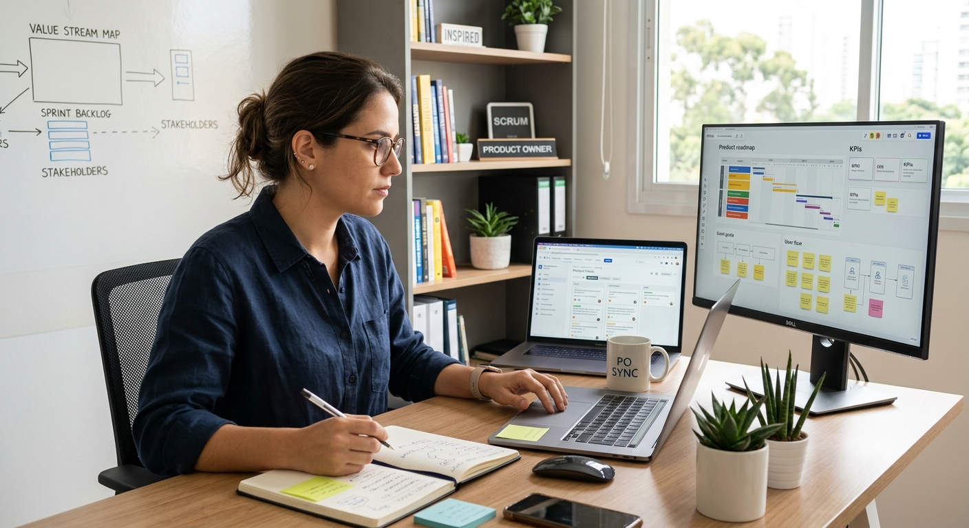 Profissional concentrado trabalhando em um ambiente organizado com notebook e tela adicional, representando o papel estratégico do Product Owner no desenvolvimento de produtos digitais.