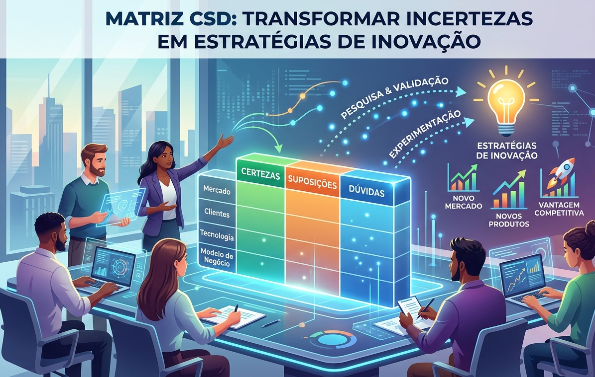 Descubra como a matriz CSD ajuda equipes a identificar certezas, suposições e dúvidas em projetos. Uma ferramenta essencial para inovação, validação de ideias e tomada de decisão estratégica