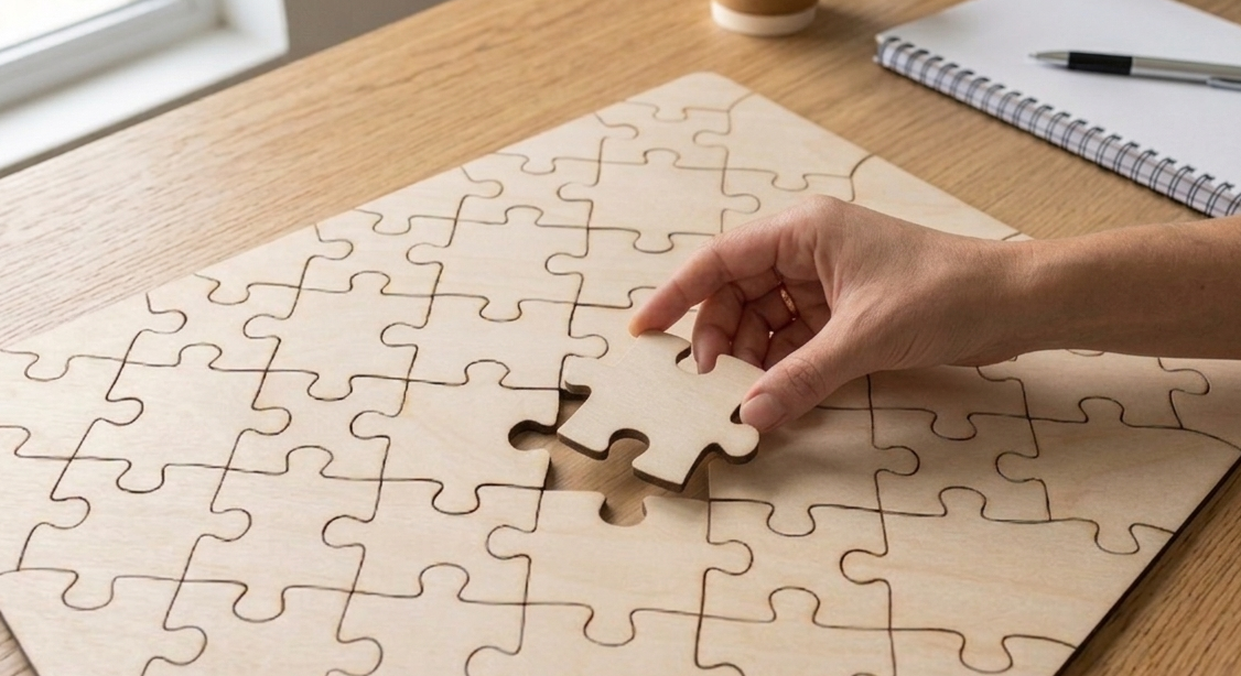 Quebra-cabeça branco com uma peça faltando no centro, simbolizando a importância dos KPIs como elementos cruciais para completar a visão estratégica de um negócio.