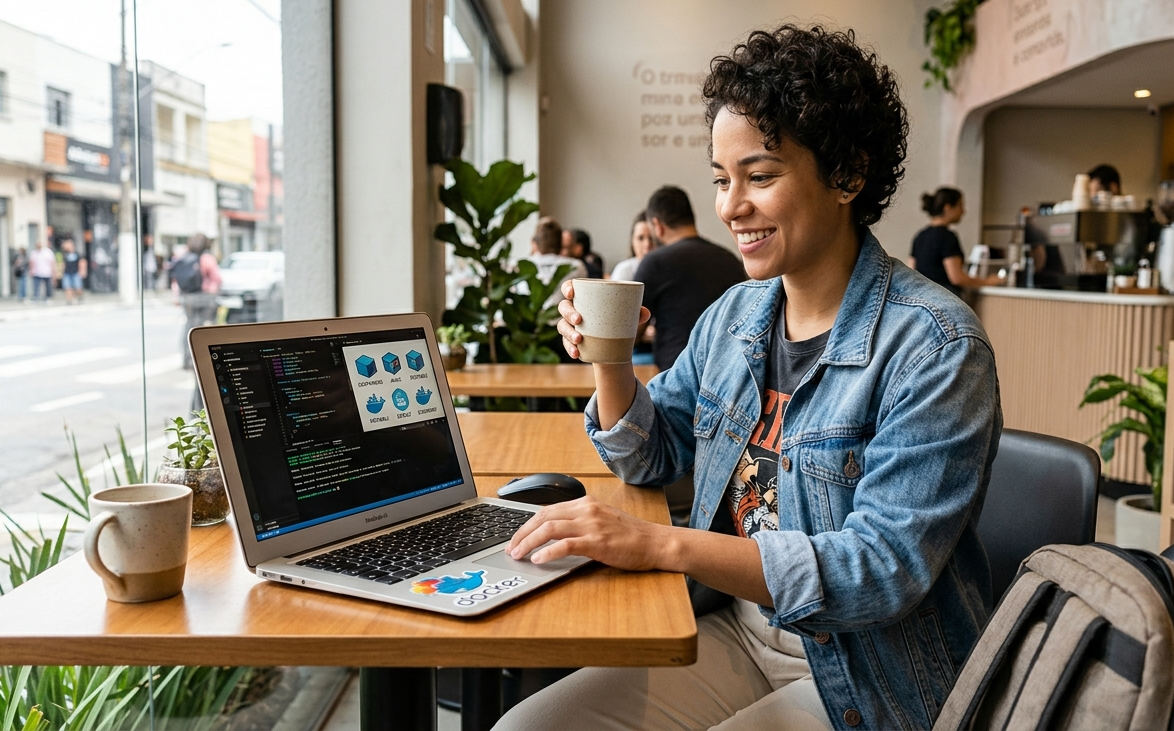 Profissional trabalhando em notebook com café em mãos, representando a agilidade, portabilidade e leveza no desenvolvimento de aplicações através do uso de containers como o Docker.