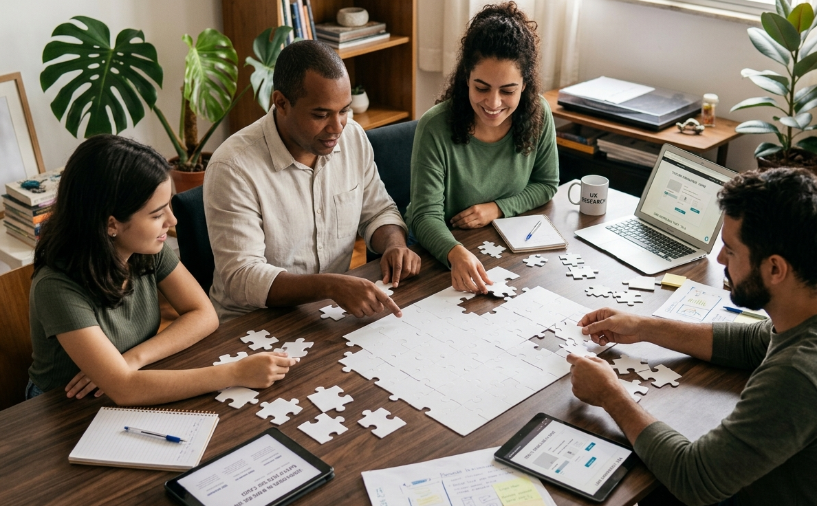 Quatro pessoas colaboram montando peças de um grande quebra-cabeça branco sobre uma mesa de madeira escura, representando a validação de uma solução para um problema específico.