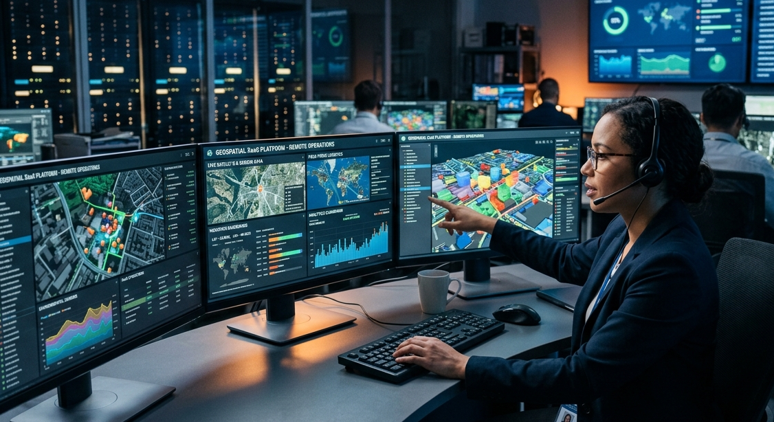 Profissional operando múltiplos monitores com sistemas e dados geográficos em ambiente tecnológico, representando o modelo Everything as a Service (XaaS) aplicado a operações remotas e inteligentes.