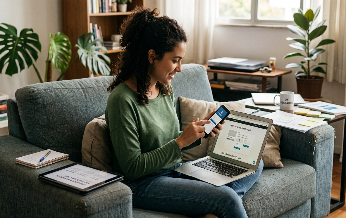 Mulher sentada em sofá utilizando celular e notebook ao mesmo tempo, representando um cenário de teste de usabilidade e análise da experiência do usuário.