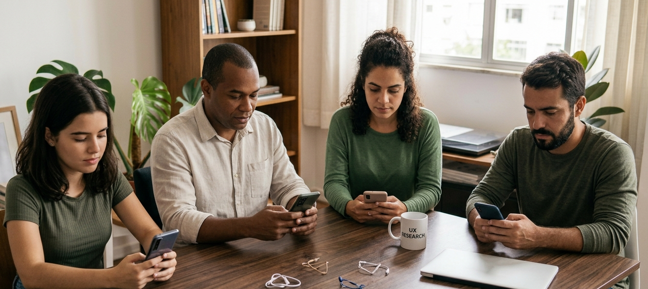 Grupo diverso de pessoas usando smartphones em silêncio, simbolizando diferentes perfis de usuários e comportamentos digitais.