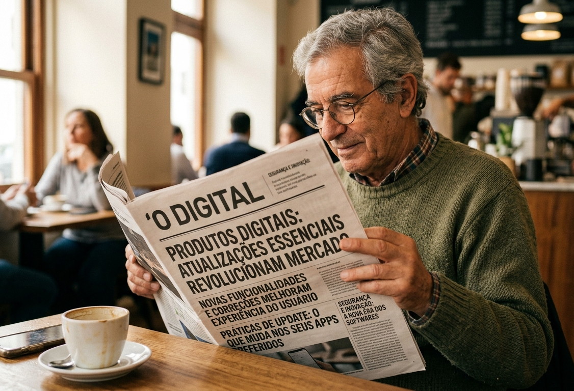 Pessoa lendo jornal com manchetes visíveis, simbolizando a comunicação de atualizações e novidades em produtos digitais, como nas práticas de update.