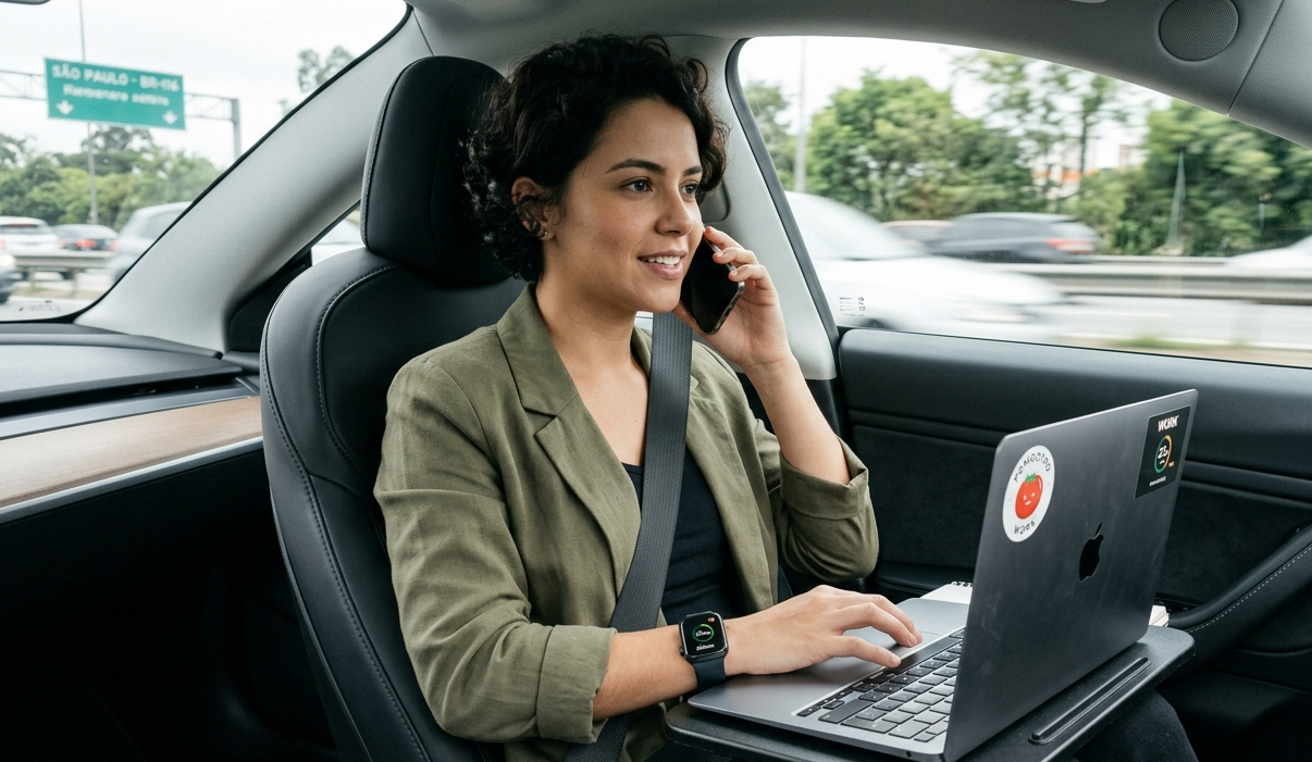 Pessoa concentrada com notebook no colo enquanto fala ao telefone dentro de um carro, simbolizando produtividade em movimento e gerenciamento de tempo com o método Pomodoro.