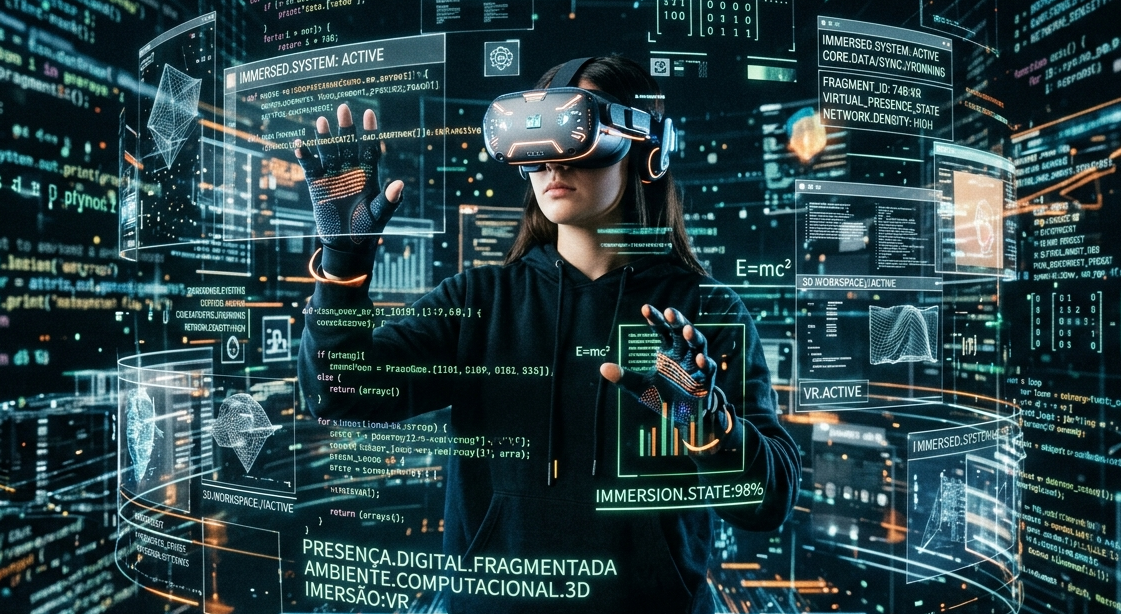 Pessoa com múltiplas sobreposições visuais e códigos digitais ao fundo, simbolizando imersão em Realidade Virtual, presença digital fragmentada e ambiente computacional tridimensional.
