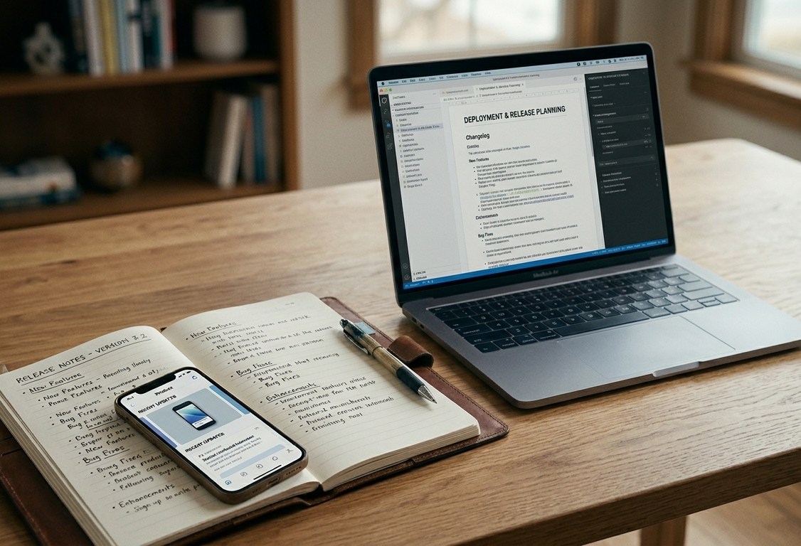 Notebook, caderno e smartphone sobre uma mesa de madeira, representando a documentação e organização de Release Notes no desenvolvimento de produtos digitais.
