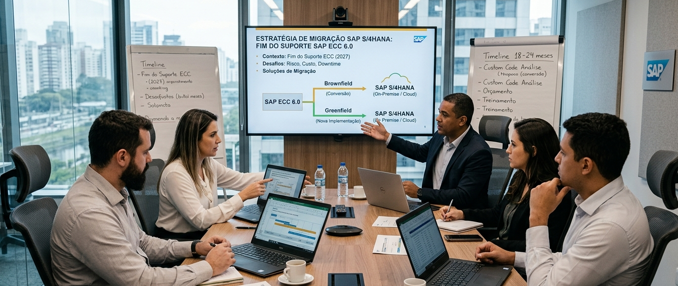 Reunião corporativa com equipe de TI analisando soluções para migração do SAP tradicional para SAP S/4HANA, diante do fim do suporte.