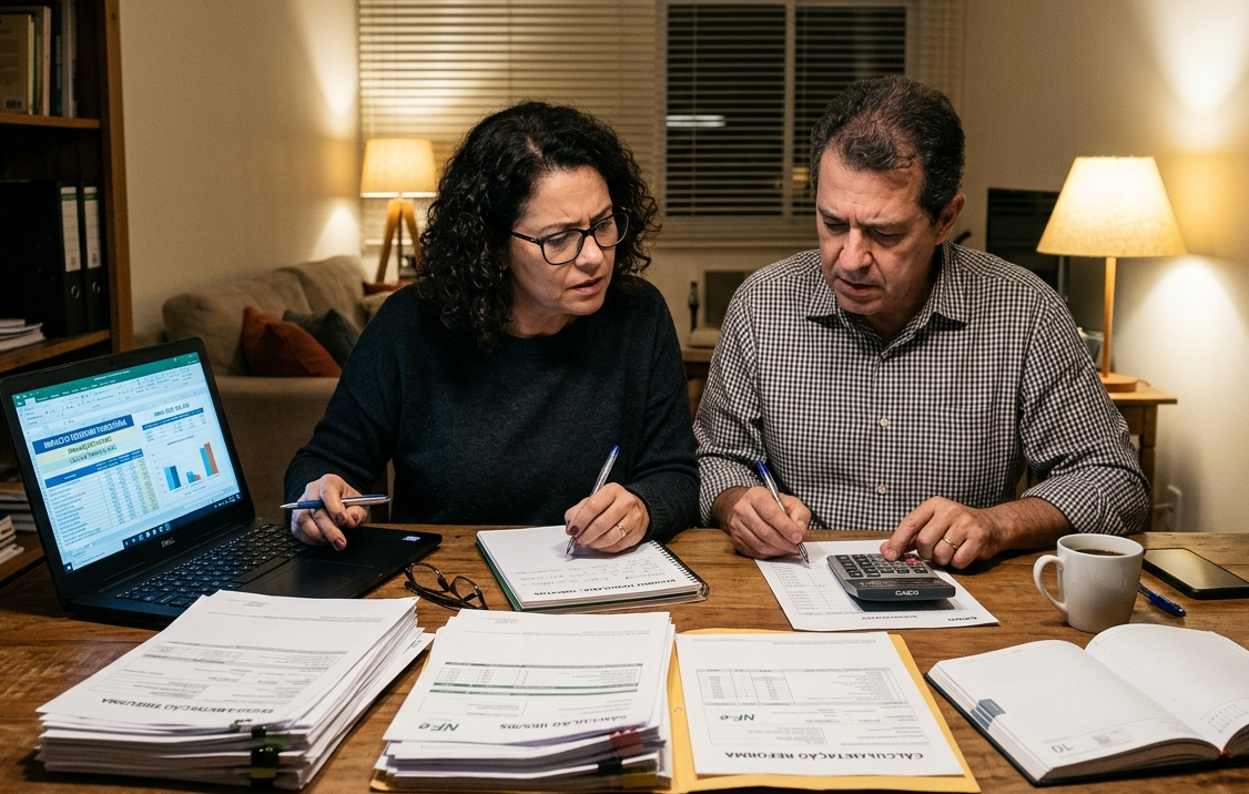 Casal analisando documentos fiscais e fazendo cálculos com notebook e calculadora, preocupado com os impactos da reforma tributária.