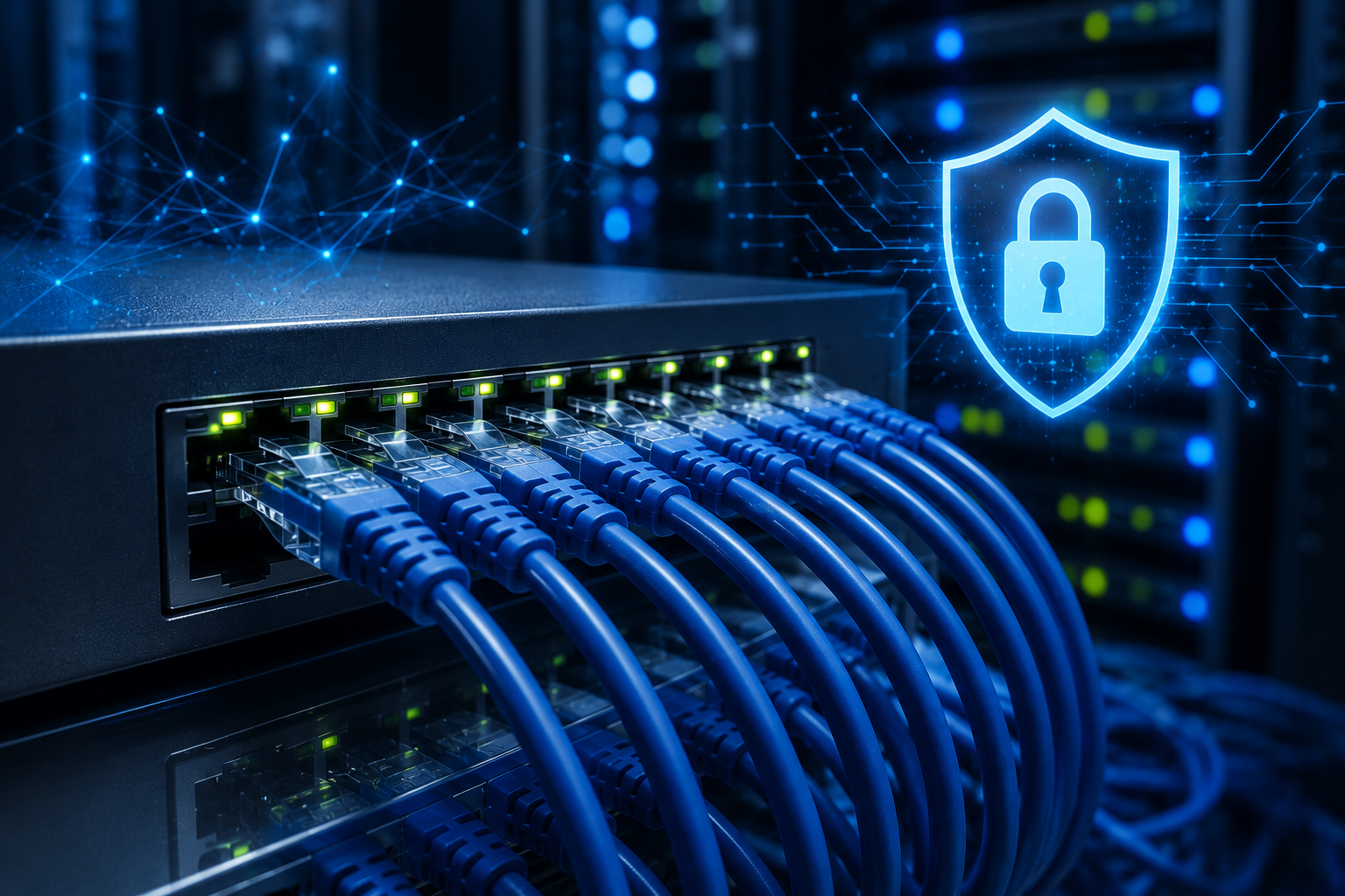 Conexões de rede com cabos ethernet conectados a um roteador ou switch, simbolizando a infraestrutura crítica de cibersegurança e proteção de dados.
