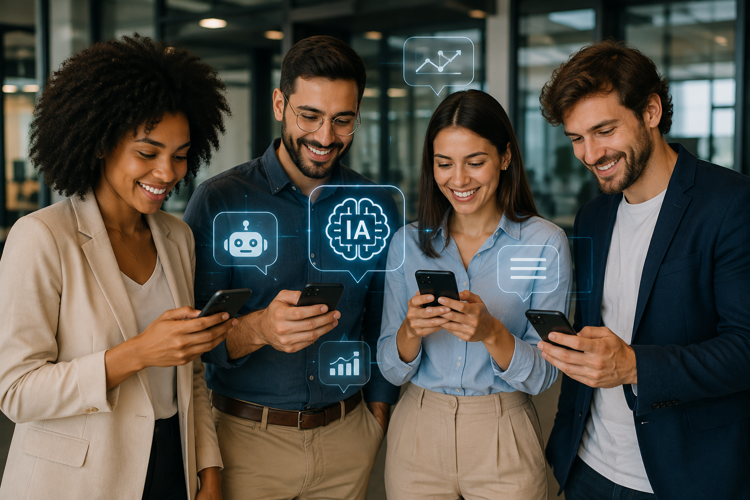 Grupo de profissionais sorrindo enquanto observam seus celulares, simbolizando o uso de inteligência artificial no ambiente corporativo moderno