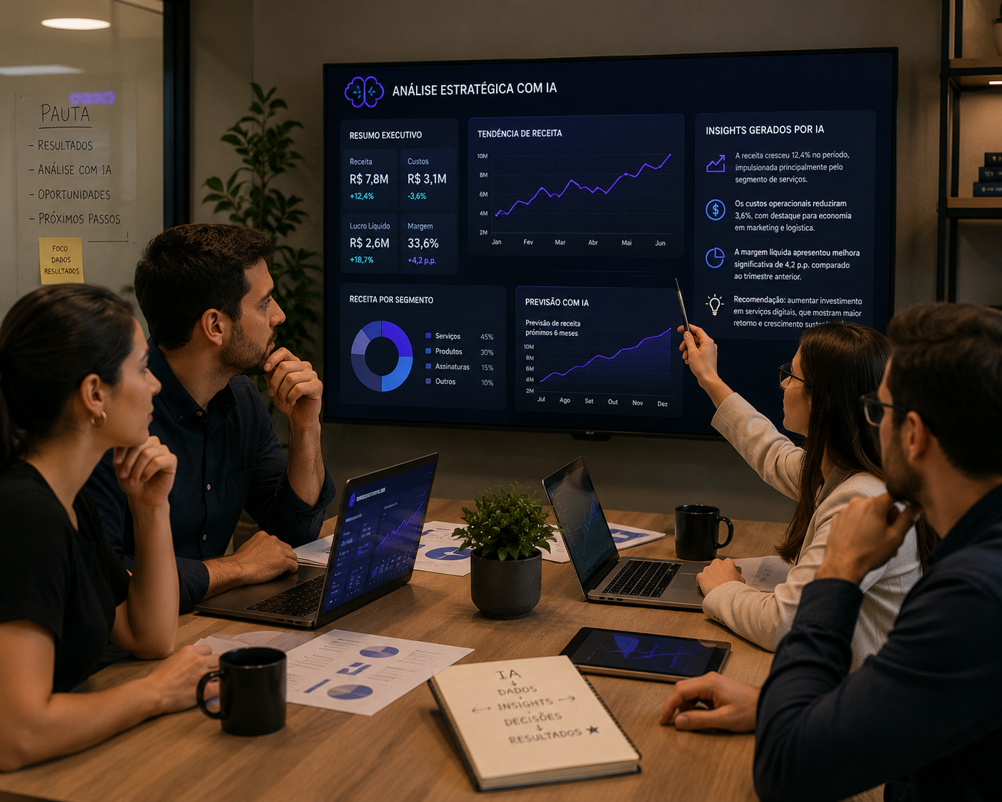 Equipe analisa dados com inteligência artificial em reunião estratégica.