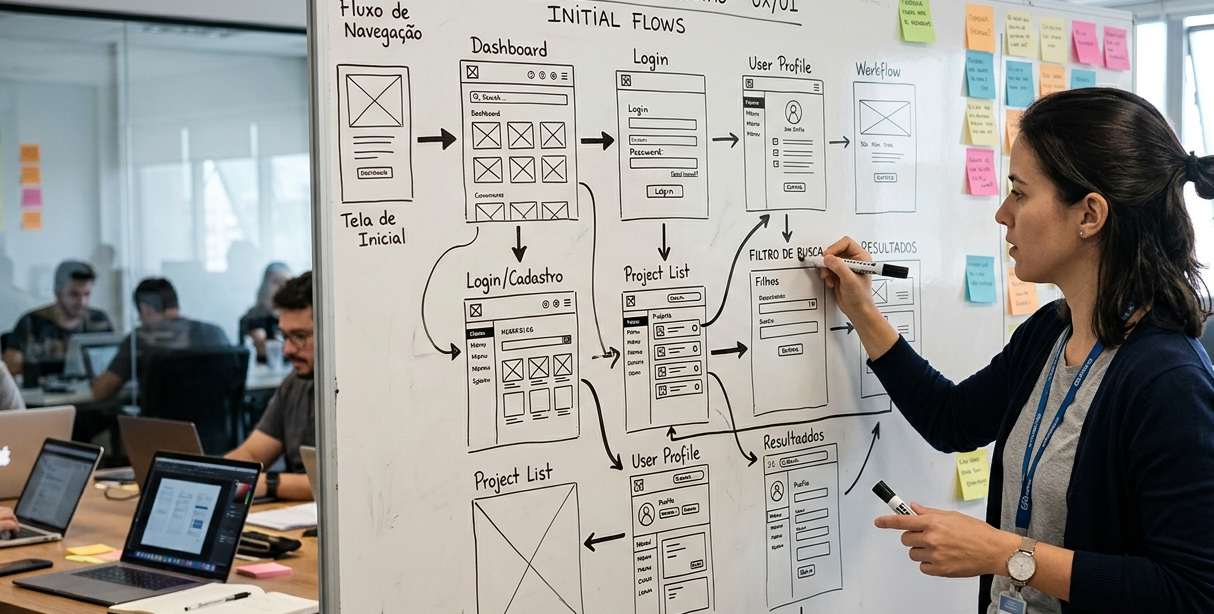Profissional desenhando wireframes e fluxos de navegação em quadro branco, representando a etapa inicial de design de interfaces digitais.