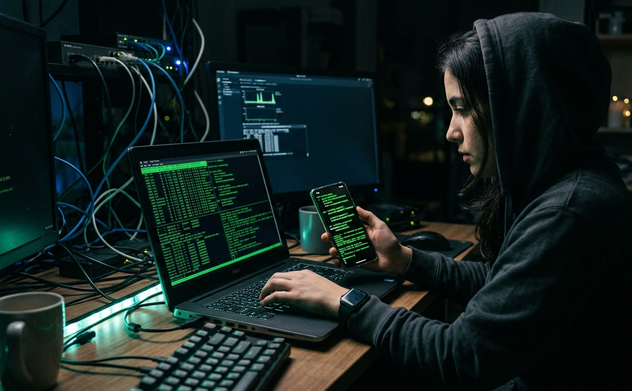 Pessoa operando um notebook com códigos verdes exibidos na tela e linhas de programação também visíveis em um smartphone, em ambiente escuro, representando atividades típicas de um hacker ou especialista em segurança cibernética.