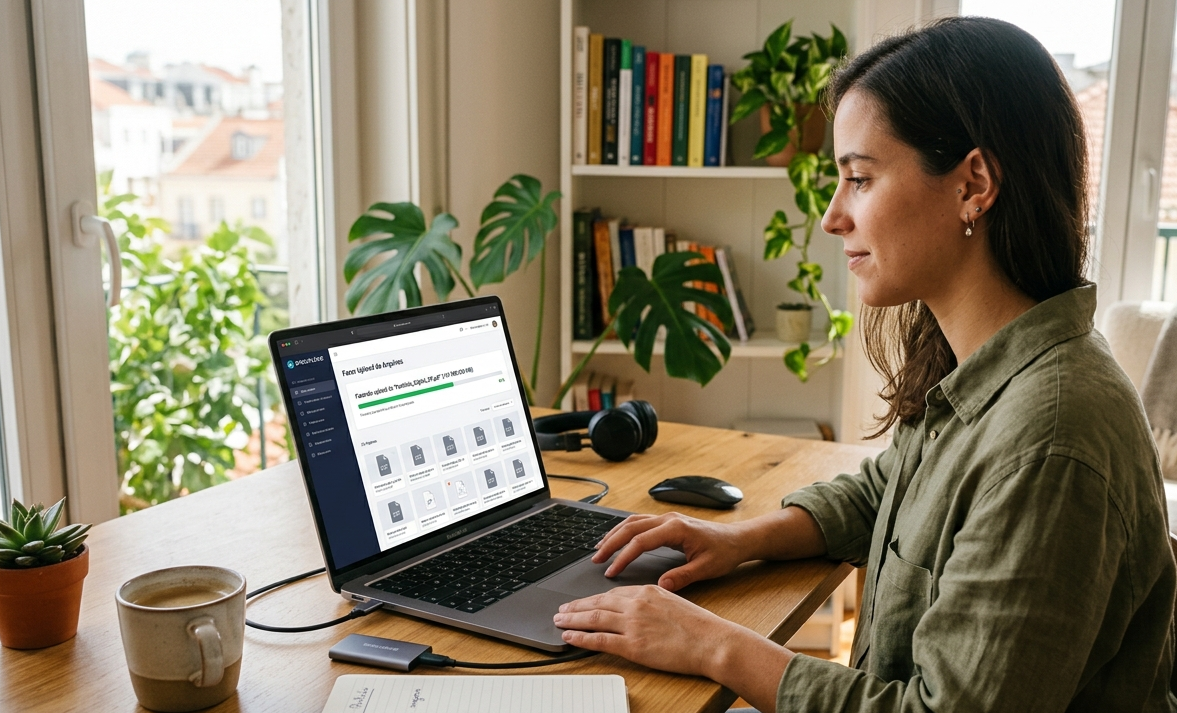 Pessoa realizando upload de conteúdo digital em um notebook, com interface de plataforma aberta na tela e ambiente propício ao trabalho remoto.