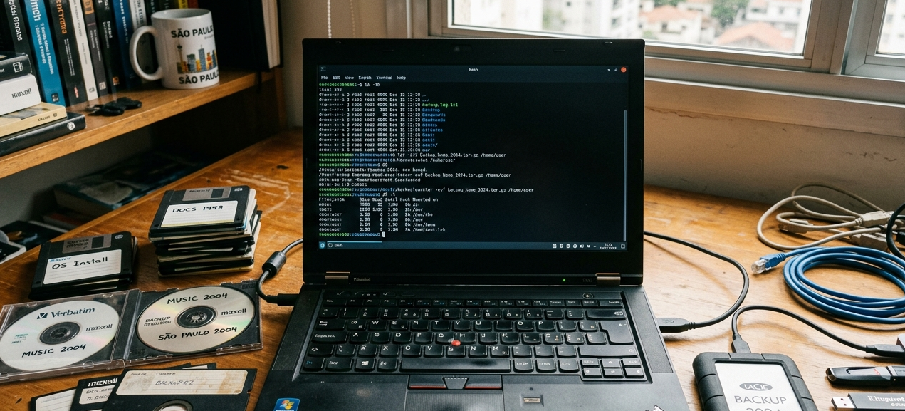 Computador portátil com interface de terminal, disquetes, CDs e cabos, representando métodos antigos e atuais de backup e armazenamento de dados.