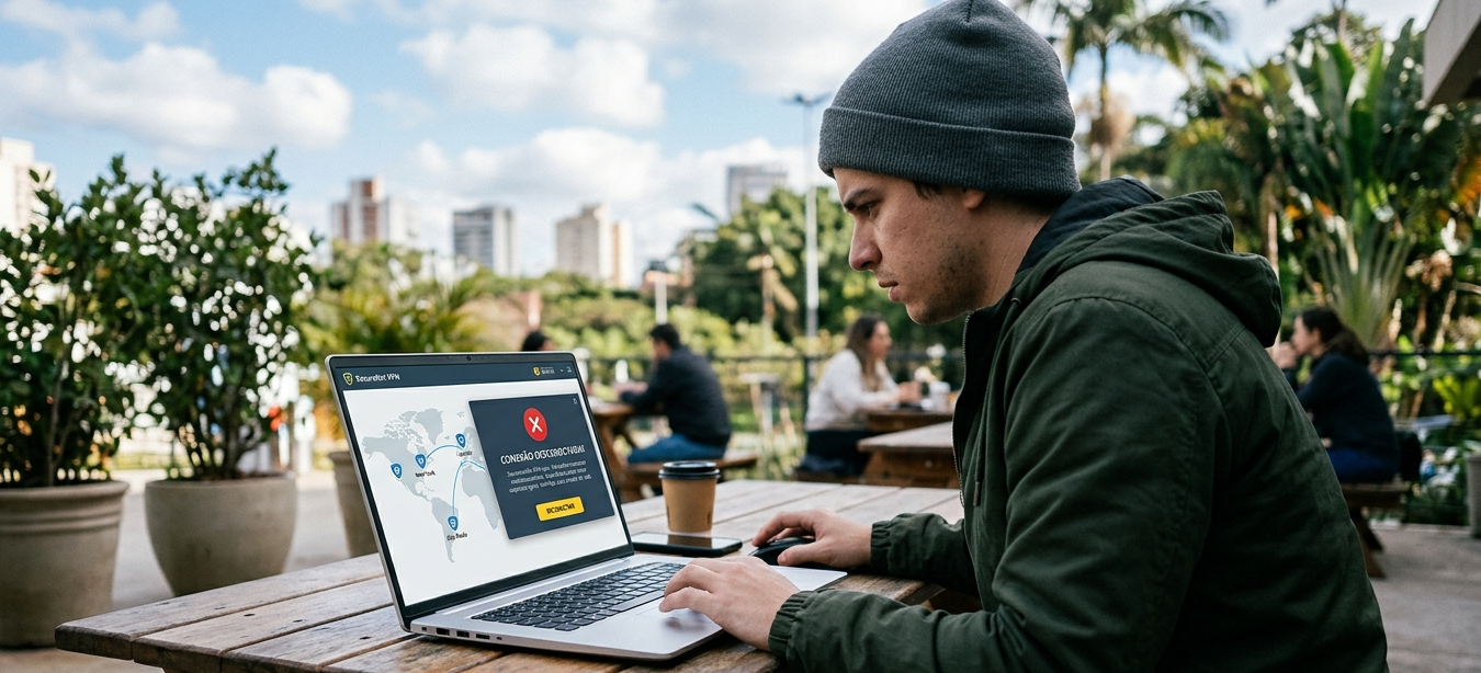 Pessoa usando laptop ao ar livre com interface de conexão VPN aberta, exibindo mapa de servidores e aviso de desconexão.