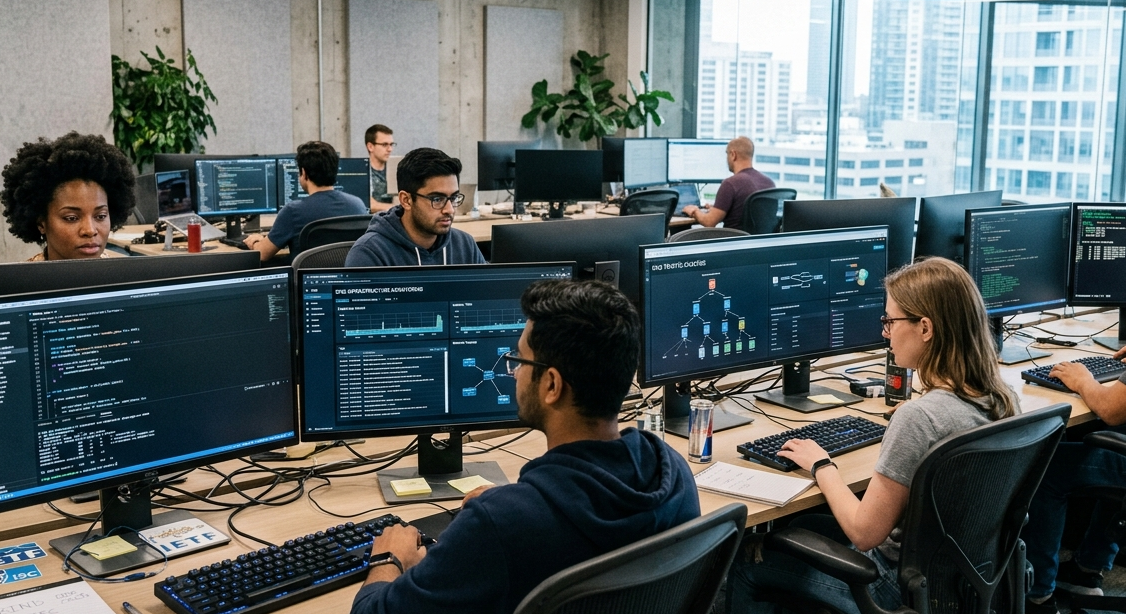 Profissionais de tecnologia sentados em frente a monitores, programando e analisando sistemas em um escritório moderno, com ênfase em processos ligados ao DNS (Domain Name System).