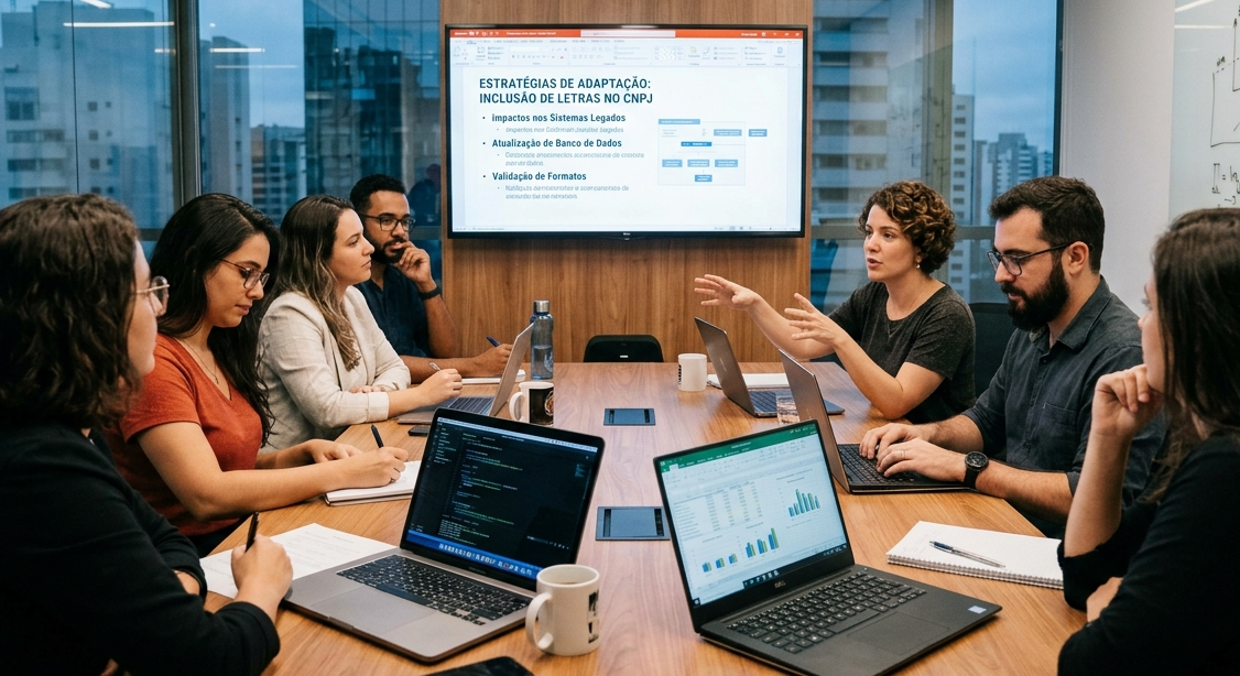 Profissionais reunidos em sala de reunião com notebooks abertos, analisando dados e discutindo como adaptar os sistemas corporativos à possível inclusão de letras no CNPJ.