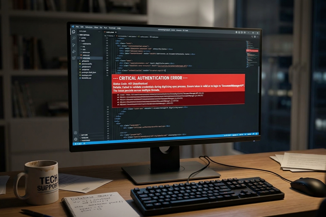 Tela de computador exibindo código HTML com mensagem de erro de autenticação, representando desafios técnicos durante processos de digitalização.