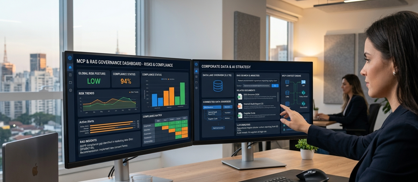 Setup moderno com dois monitores exibindo interfaces de dados e IA, representando o uso de MCP e RAG para governança corporativa digital.