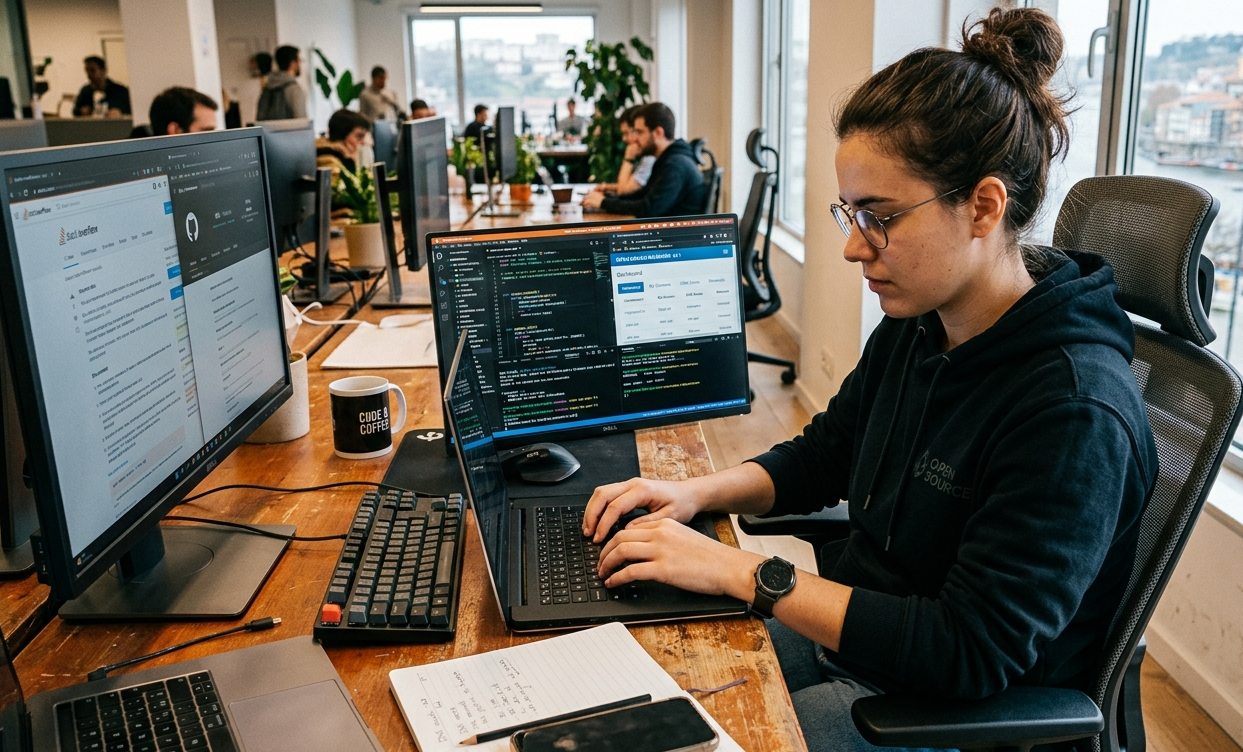 Pessoa programando em um laptop com código aberto na tela, representando o desenvolvimento e a gestão de domínios na era digital.