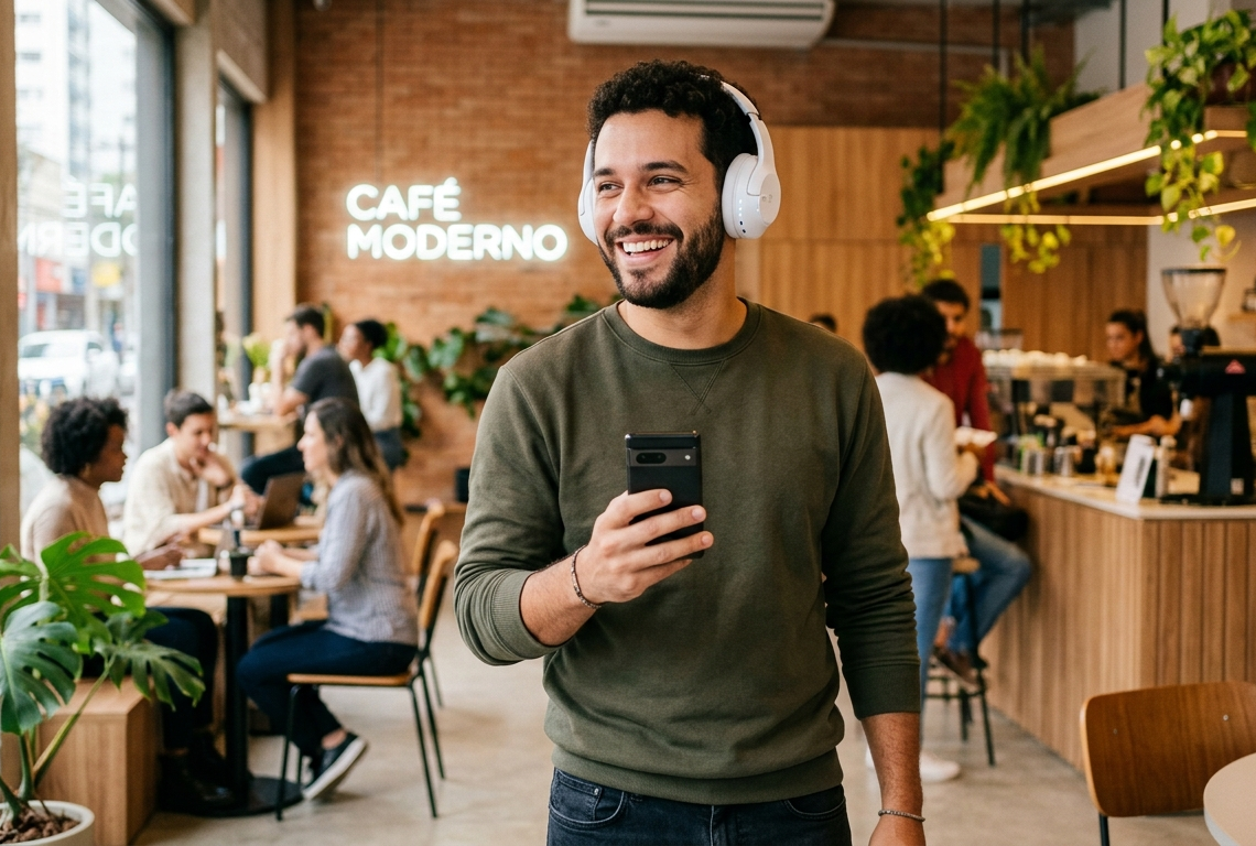 Homem sorridente usando fones de ouvido brancos conectados via Bluetooth enquanto segura um smartphone em ambiente moderno.