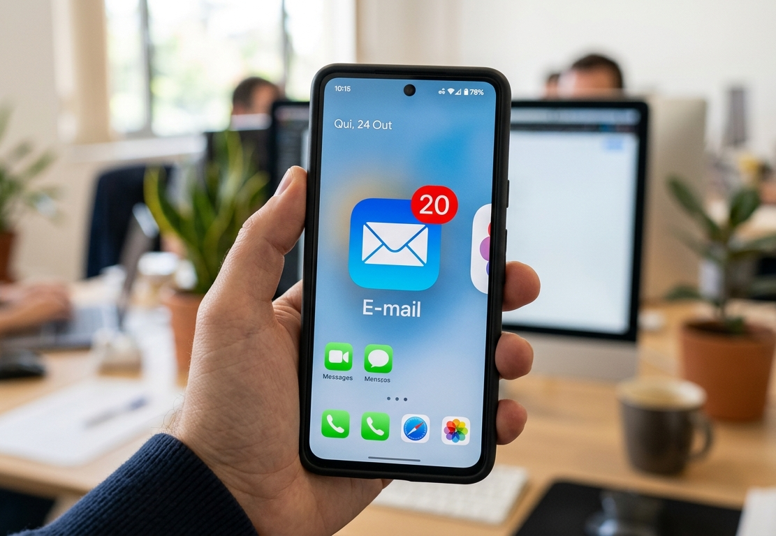 Ícone do aplicativo de e-mail em um smartphone com 20 mensagens não lidas, sugerindo acúmulo na caixa de entrada.