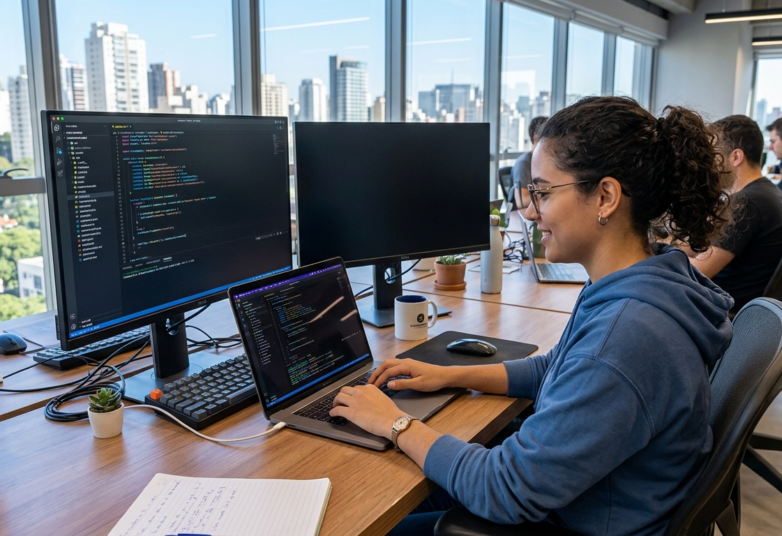 Pessoa digitando em um notebook com códigos de programação abertos na tela, ao lado de dois monitores externos — um exibindo código-fonte e outro desligado, em um ambiente de escritório moderno com janelas amplas.