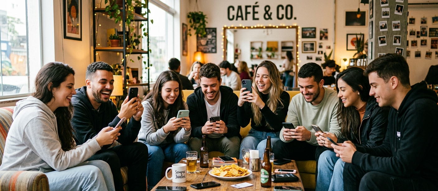 Grupo de jovens reunidos em um ambiente descontraído, interagindo com seus celulares enquanto compartilham momentos de forma espontânea e conectada, refletindo o uso intenso de redes sociais e hashtags.