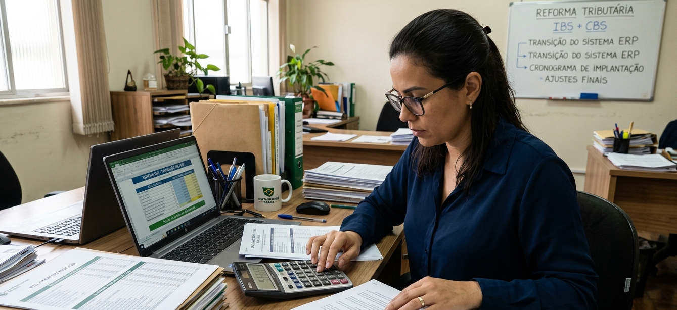 Pessoa calculando impostos com uma calculadora sobre uma mesa, simbolizando os ajustes que empresas precisam fazer em seus sistemas com a chegada do IBS e CBS