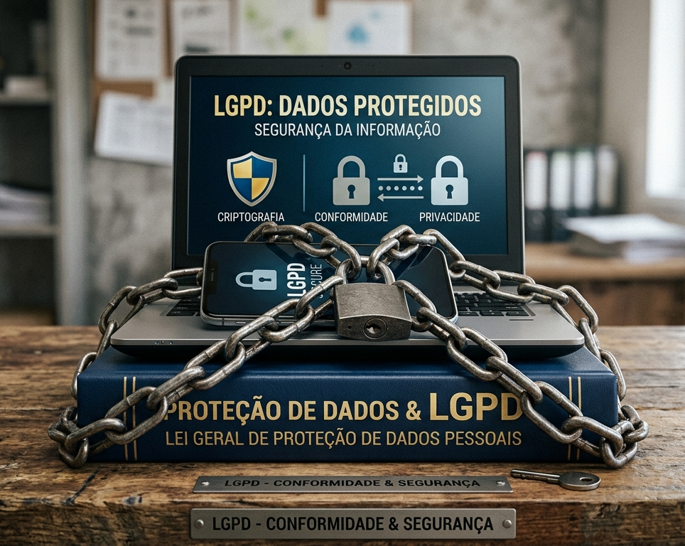 Livro, celular e notebook protegidos por correntes de metal, simbolizando a proteção de dados exigida pela LGPD.