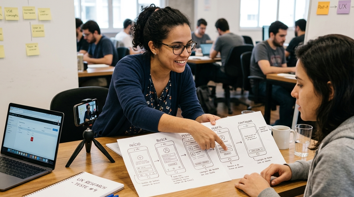 Mulher apresentando protótipo de interface em papel, durante atividade de UX Research focada na experiência do usuário e testes de usabilidade.