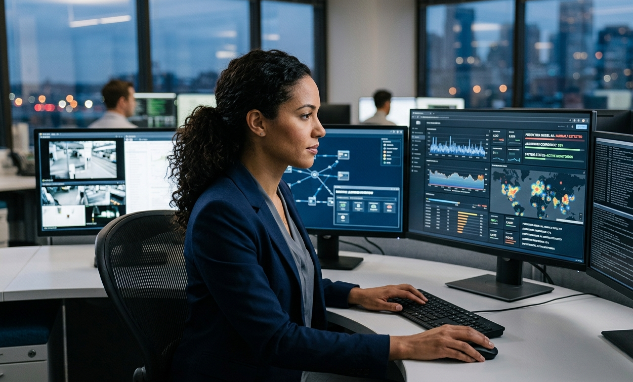 Profissional operando sistema de monitoramento com telas e algoritmos automatizados baseados em machine learning