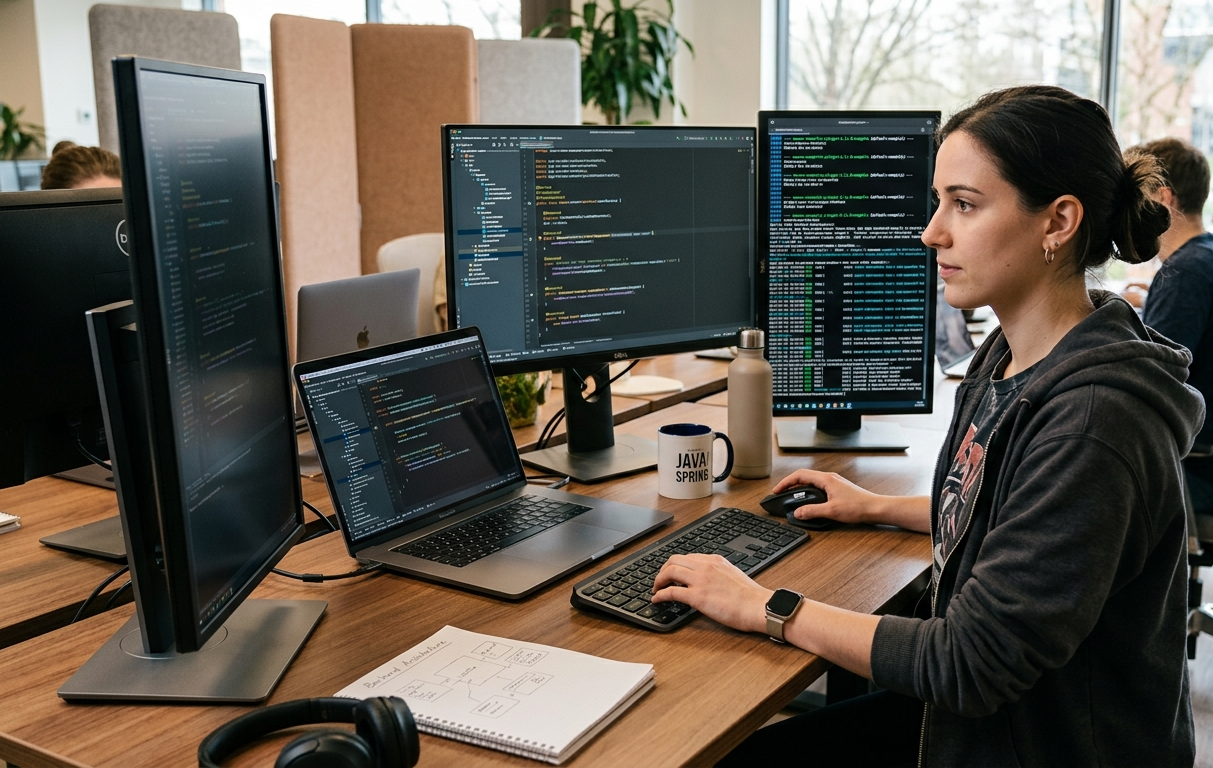 Pessoa programando em Java com notebook e dois monitores exibindo código-fonte, representando desenvolvimento backend moderno.