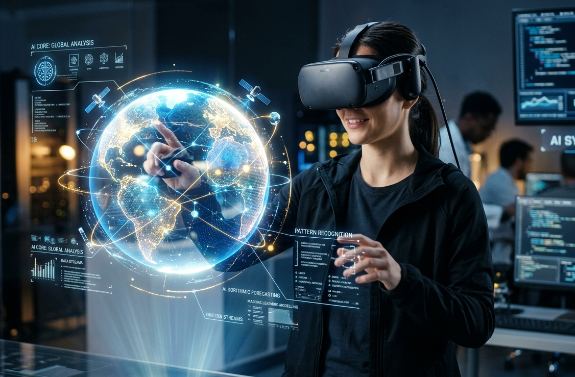 Mulher usando óculos de realidade virtual interagindo com interface digital holográfica representando o globo terrestre, simbolizando aplicação de inteligência artificial tradicional.
