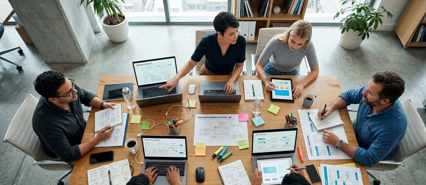 Visão aérea de uma equipe colaborando em mesa de trabalho com notebooks, tablets e anotações, representando planejamento estratégico para a criação de uma homepage.