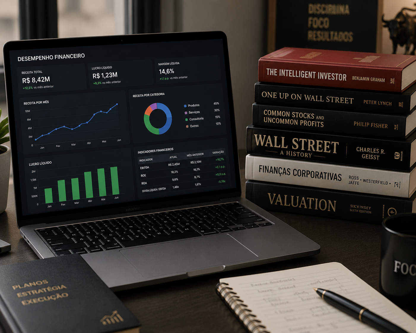 Notebook com gráficos de desempenho financeiro ao lado de livros sobre Wall Street e finanças corporativas.