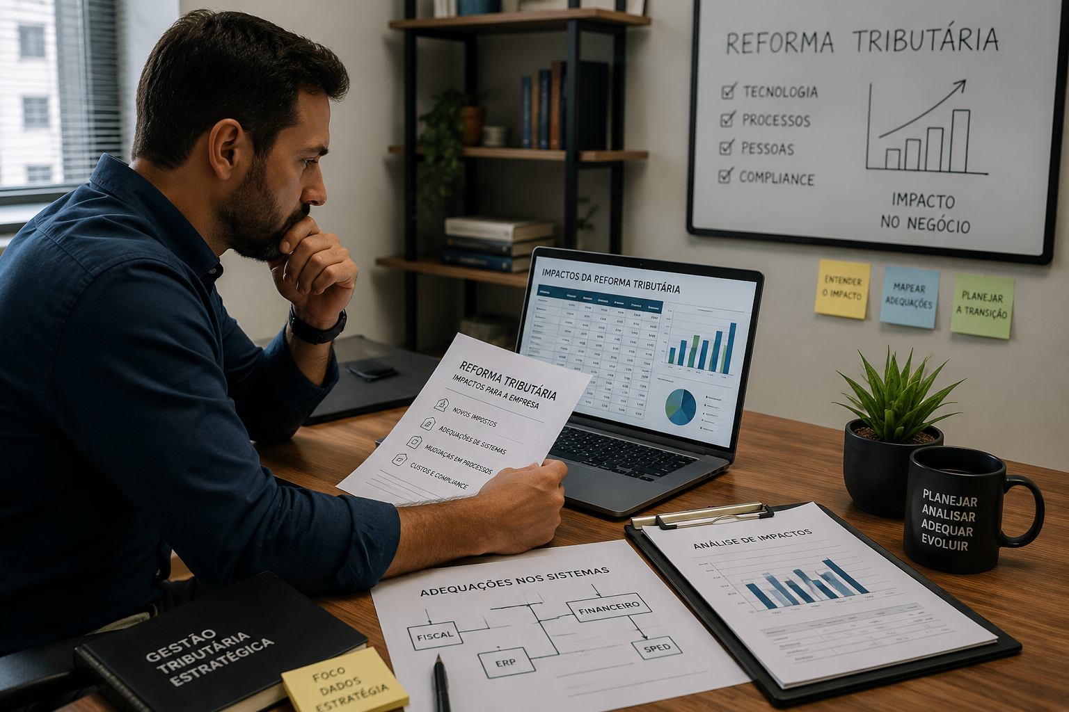 Homem analisando documentos e planilhas no notebook, refletindo sobre os impactos da reforma tributária nos sistemas da empresa.